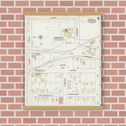 Old map wall art mockup — magnetic wood frame on brick wall — Sanborn Fire Insurance Map from Kokomo, Howard County, Indiana (1889), Sheet #0002