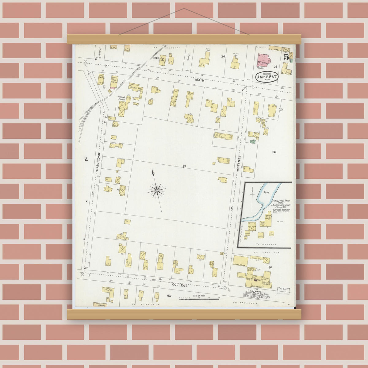 Old map wall art mockup — magnetic wood frame on brick wall — Sanborn Fire Insurance Map from Amherst, Hampshire County, Massachusetts (1896), Sheet #0005