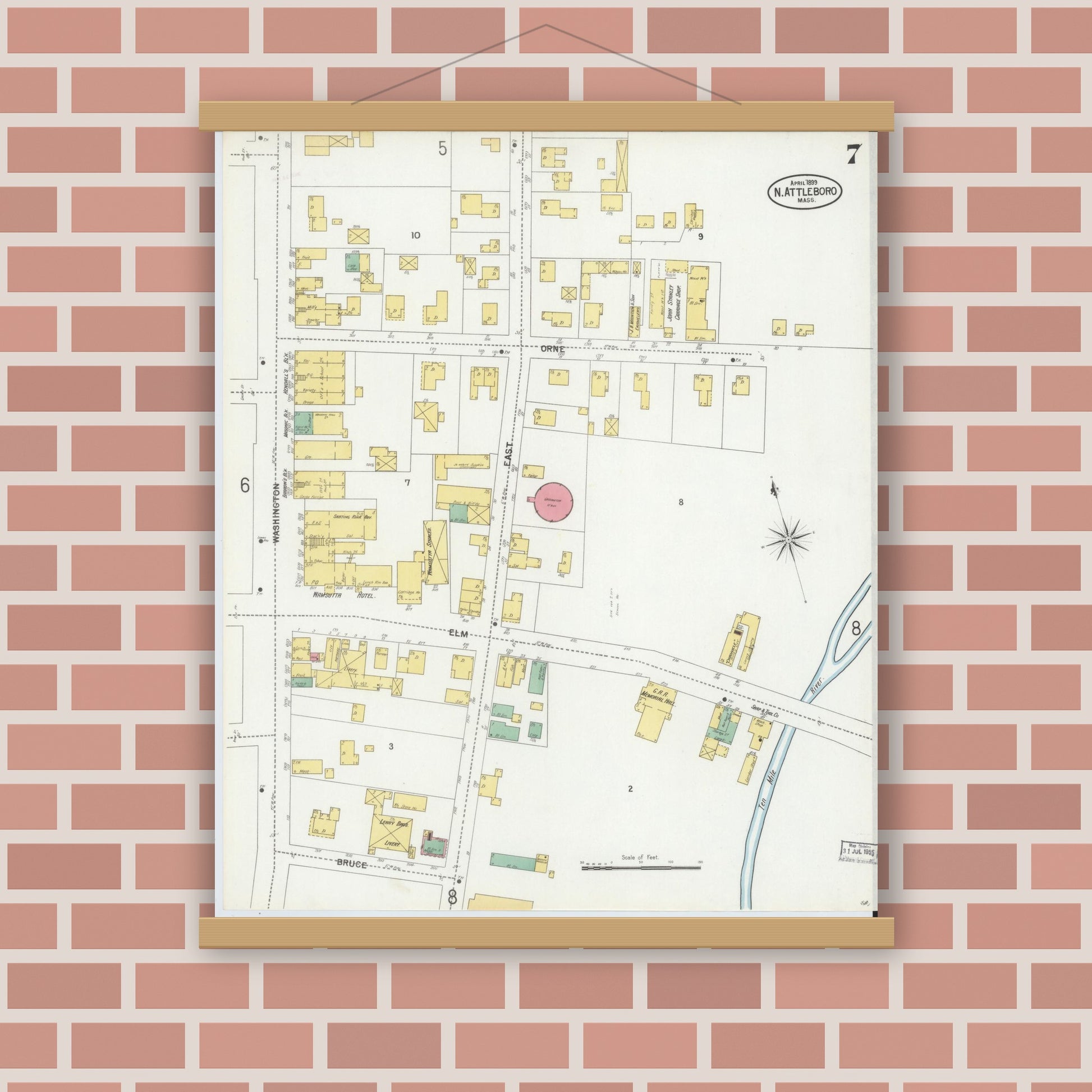 Old map wall art mockup — magnetic wood frame on brick wall — Sanborn Fire Insurance Map from North Attleborough, Bristol County, Massachusetts (1899), Sheet #0007