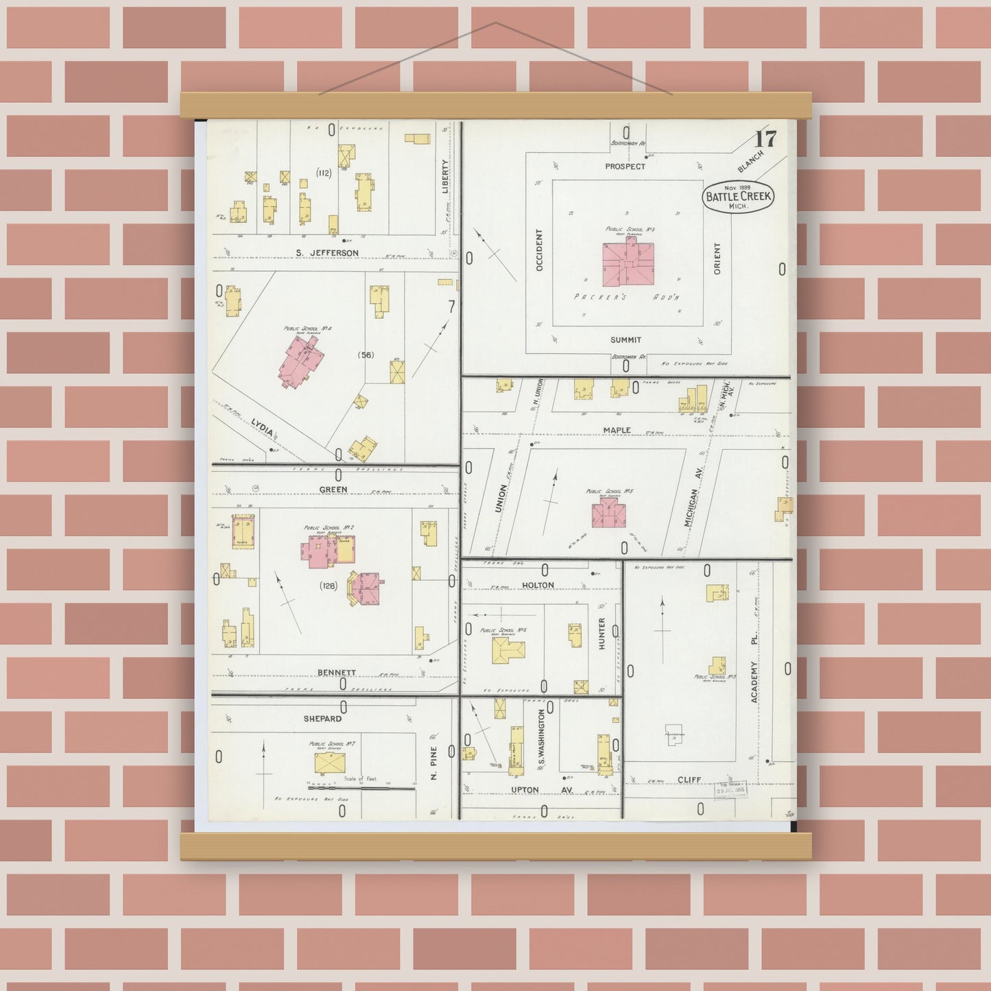 Old map wall art mockup — magnetic wood frame on brick wall — Sanborn Fire Insurance Map from Battle Creek, Calhoun County, Michigan (1899), Sheet #0017