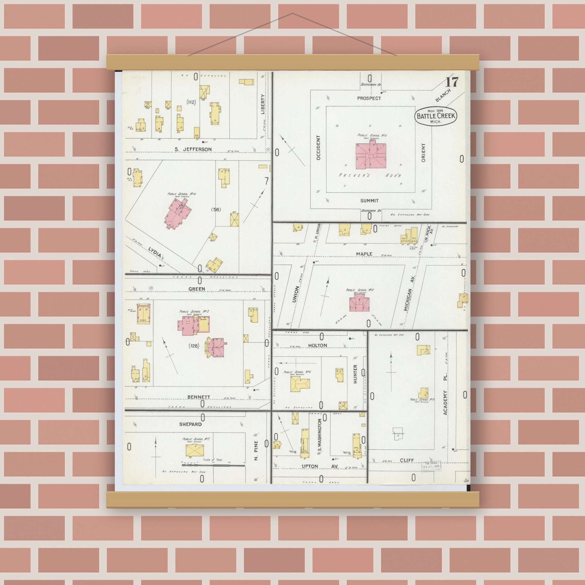 Old map wall art mockup — magnetic wood frame on brick wall — Sanborn Fire Insurance Map from Battle Creek, Calhoun County, Michigan (1899), Sheet #0017