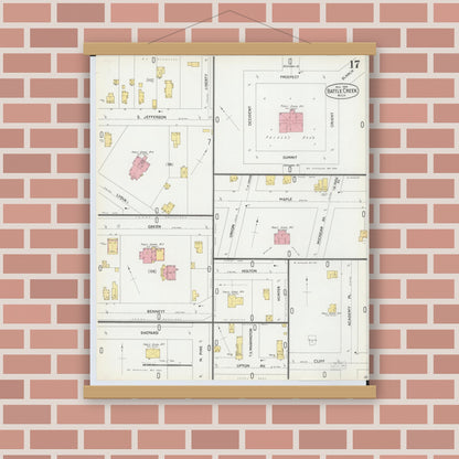 Old map wall art mockup — magnetic wood frame on brick wall — Sanborn Fire Insurance Map from Battle Creek, Calhoun County, Michigan (1899), Sheet #0017