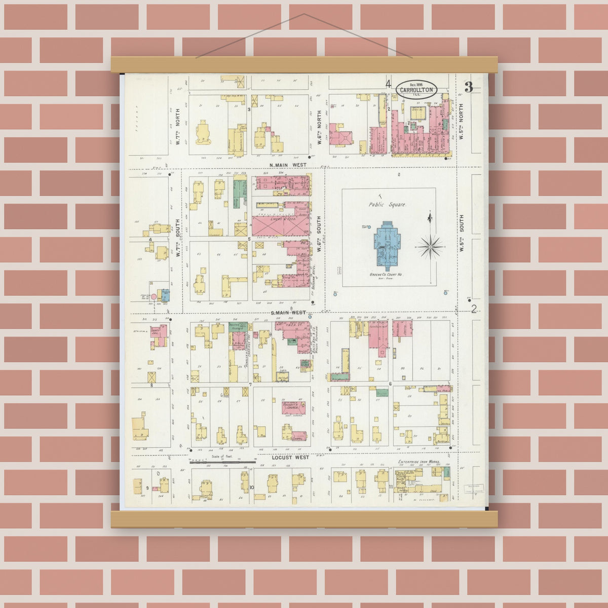Old map wall art mockup — magnetic wood frame on brick wall — Sanborn Fire Insurance Map from Carrollton, Greene County, Illinois (1898), Sheet #0003