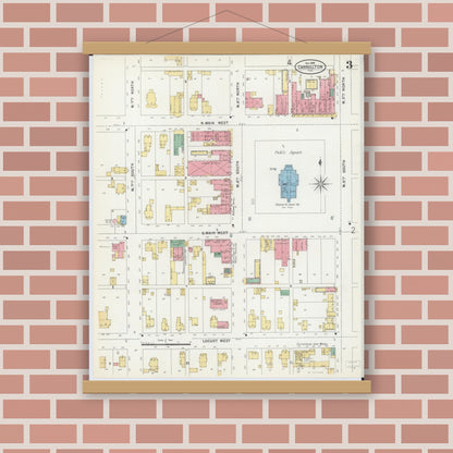 Old map wall art mockup — magnetic wood frame on brick wall — Sanborn Fire Insurance Map from Carrollton, Greene County, Illinois (1898), Sheet #0003