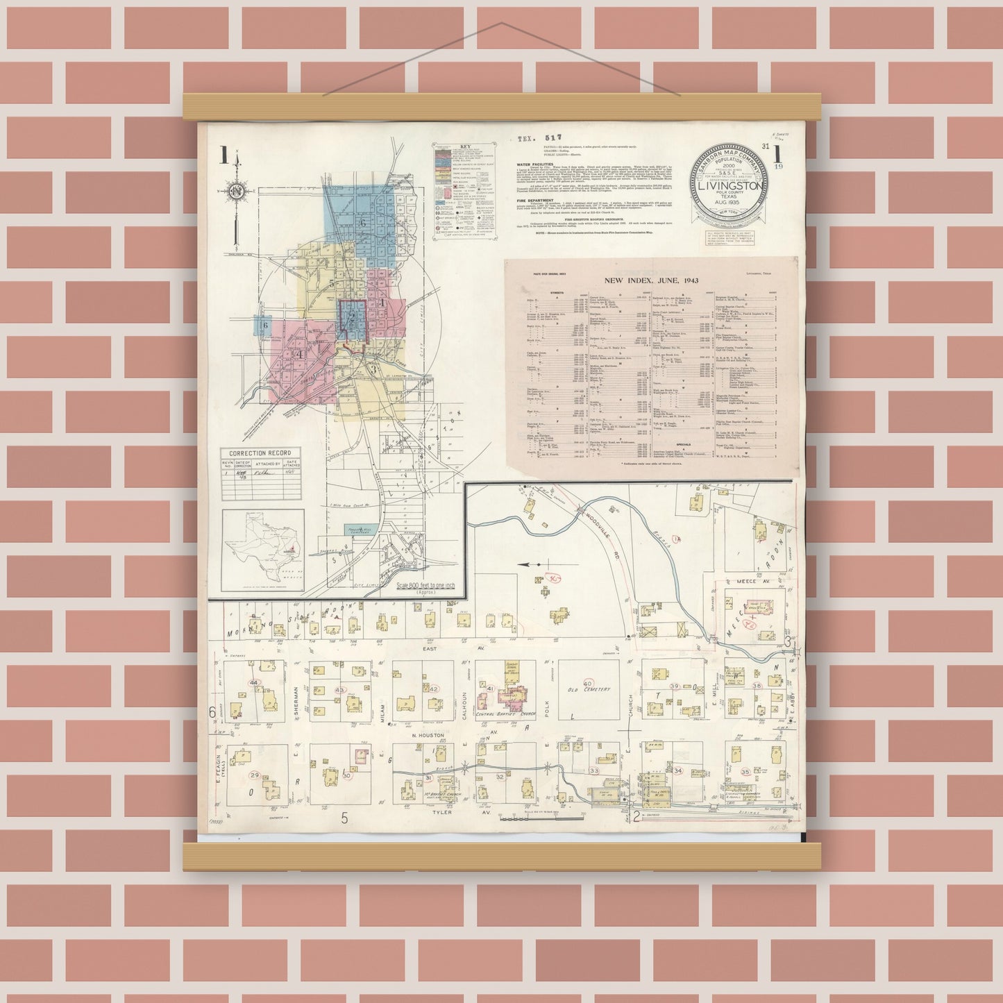 Old map wall art mockup — magnetic wood frame on brick wall — Sanborn Fire Insurance Map from Livingston, Polk County, Texas (1943), Sheet #0001