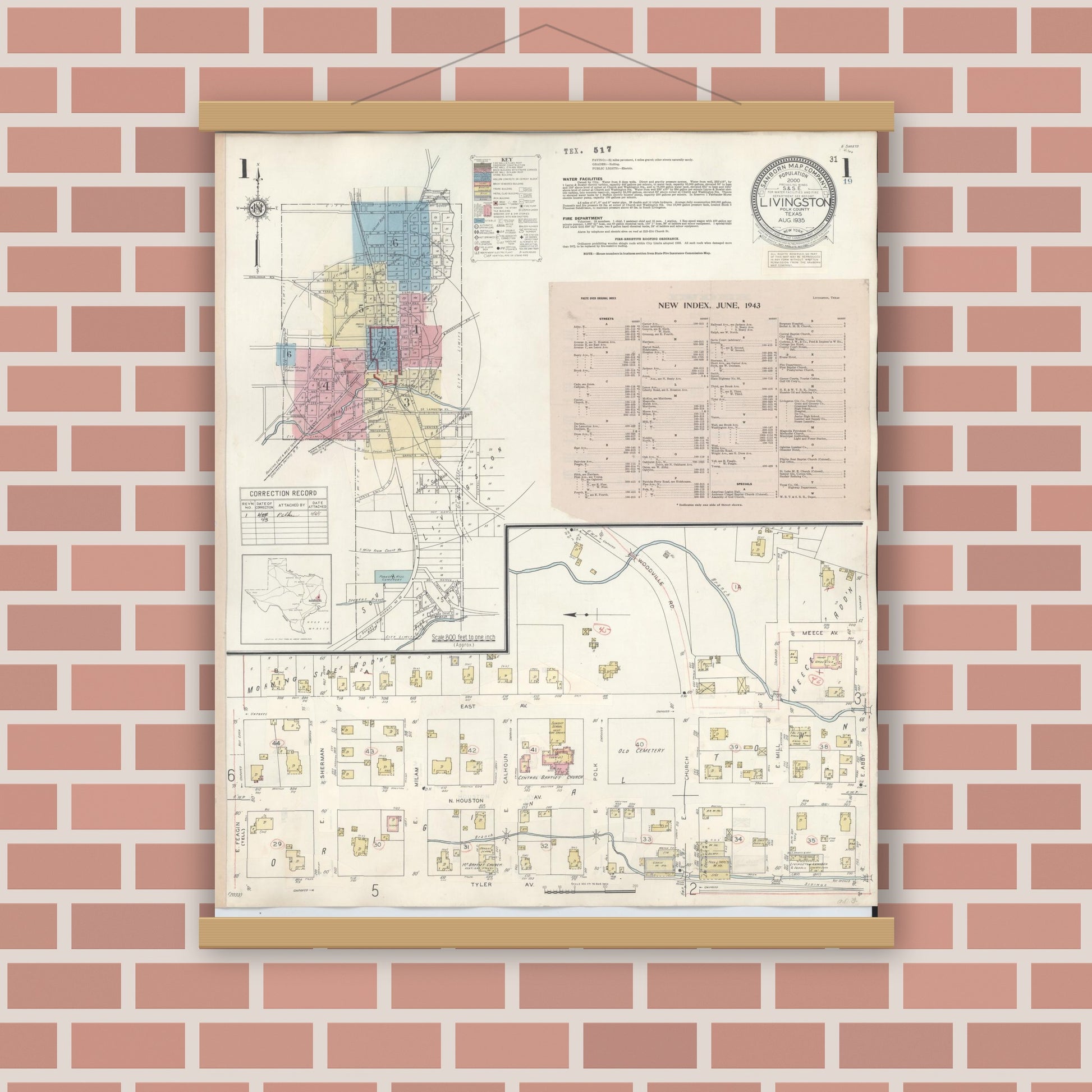 Old map wall art mockup — magnetic wood frame on brick wall — Sanborn Fire Insurance Map from Livingston, Polk County, Texas (1943), Sheet #0001