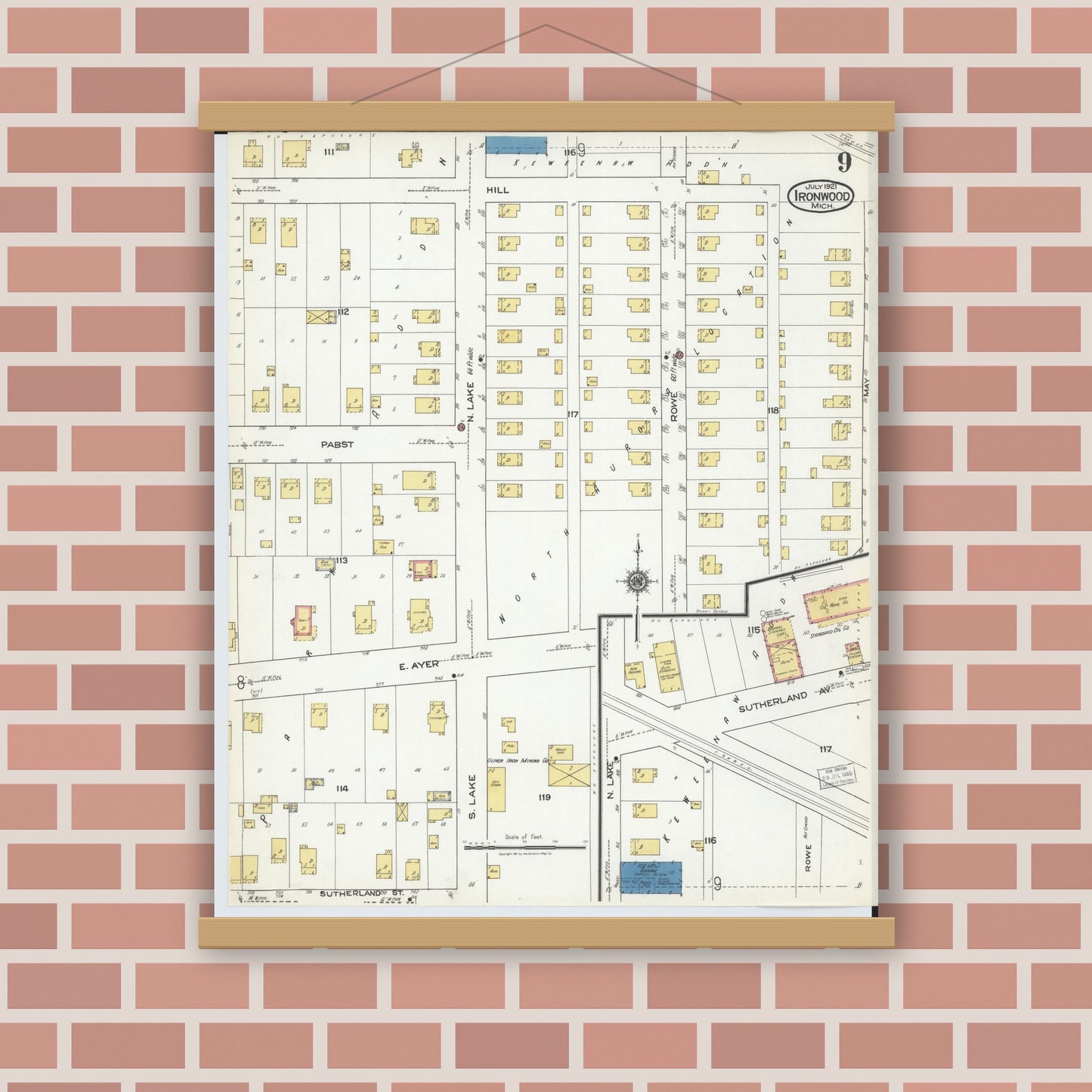 Old map wall art mockup — magnetic wood frame on brick wall — Sanborn Fire Insurance Map from Ironwood, Gogebic County, Michigan (1921), Sheet #0009