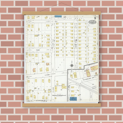 Old map wall art mockup — magnetic wood frame on brick wall — Sanborn Fire Insurance Map from Ironwood, Gogebic County, Michigan (1921), Sheet #0009