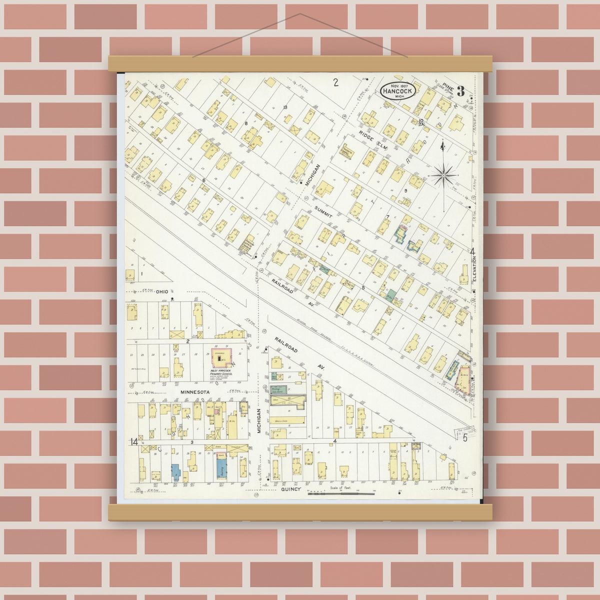 Old map wall art mockup — magnetic wood frame on brick wall — Sanborn Fire Insurance Map from Hancock, Houghton County, Michigan (1907), Sheet #0003