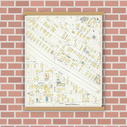 Old map wall art mockup — magnetic wood frame on brick wall — Sanborn Fire Insurance Map from Hancock, Houghton County, Michigan (1907), Sheet #0003