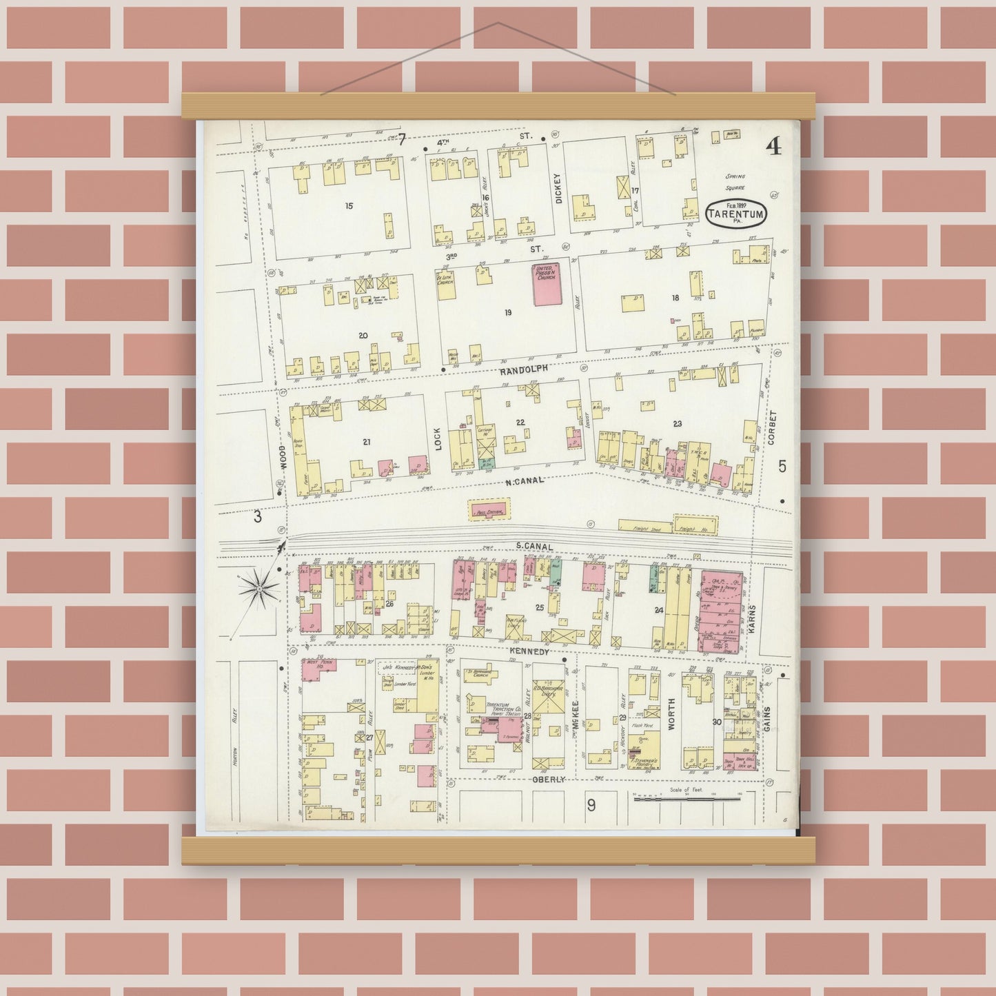 Old map wall art mockup — magnetic wood frame on brick wall — Sanborn Fire Insurance Map from Tarentum, Allegheny County, Pennsylvania (1897), Sheet #0004