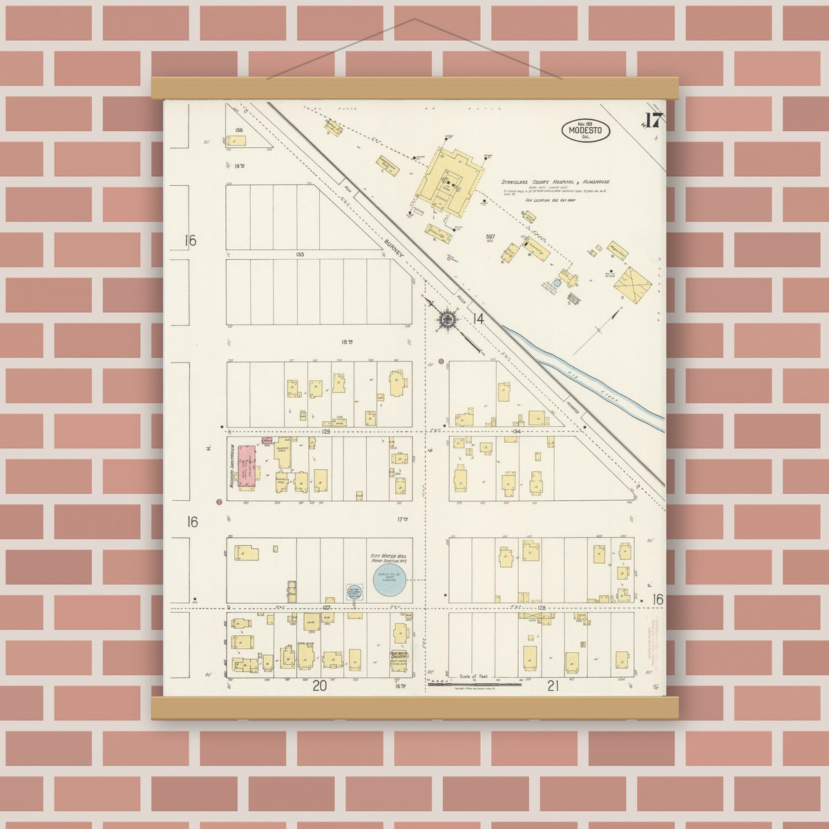 Old map wall art mockup — magnetic wood frame on brick wall — Sanborn Fire Insurance Map from Modesto, Stanislaus County, California (1919), Sheet #0017