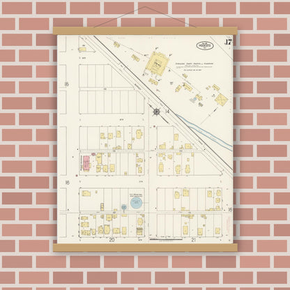 Old map wall art mockup — magnetic wood frame on brick wall — Sanborn Fire Insurance Map from Modesto, Stanislaus County, California (1919), Sheet #0017