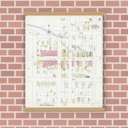 Old map wall art mockup — magnetic wood frame on brick wall — Sanborn Fire Insurance Map from Staunton, Macoupin County, Illinois (1906), Sheet #0003