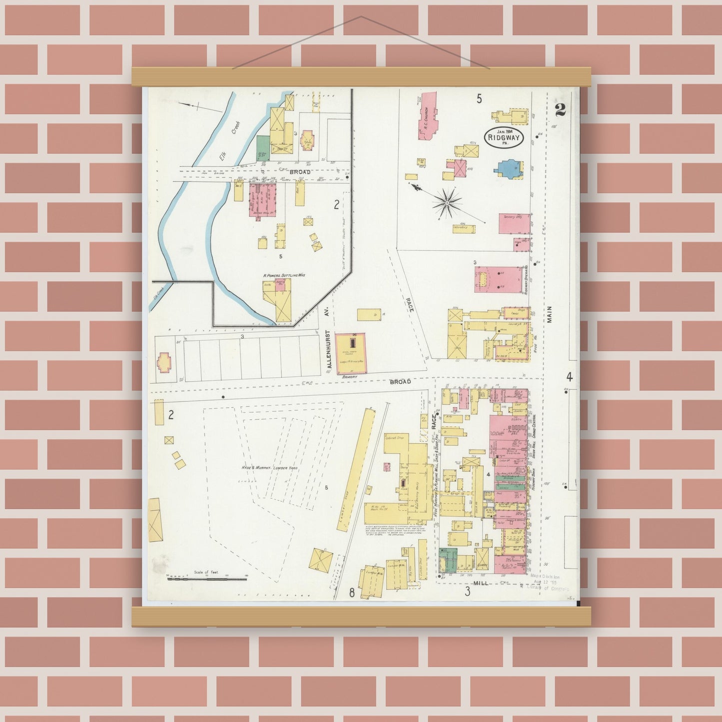 Old map wall art mockup — magnetic wood frame on brick wall — Sanborn Fire Insurance Map from Ridgway, Elk County, Pennsylvania (1904), Sheet #0002