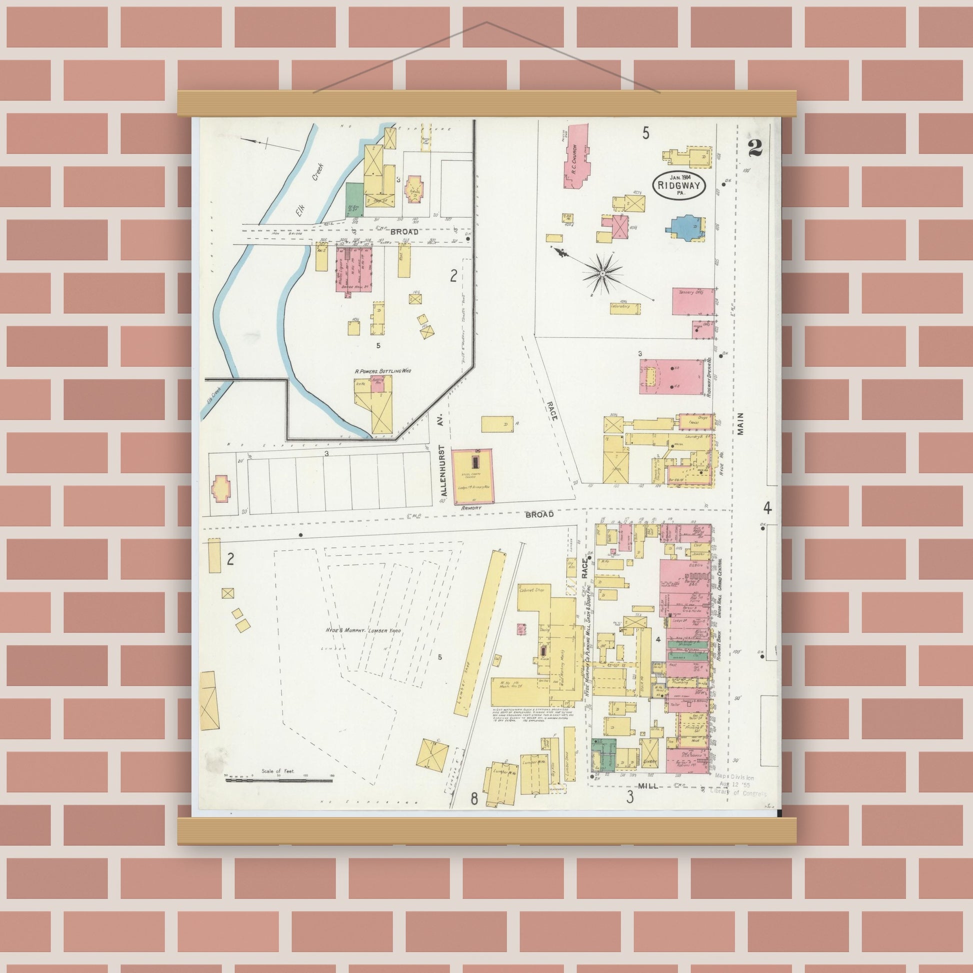Old map wall art mockup — magnetic wood frame on brick wall — Sanborn Fire Insurance Map from Ridgway, Elk County, Pennsylvania (1904), Sheet #0002