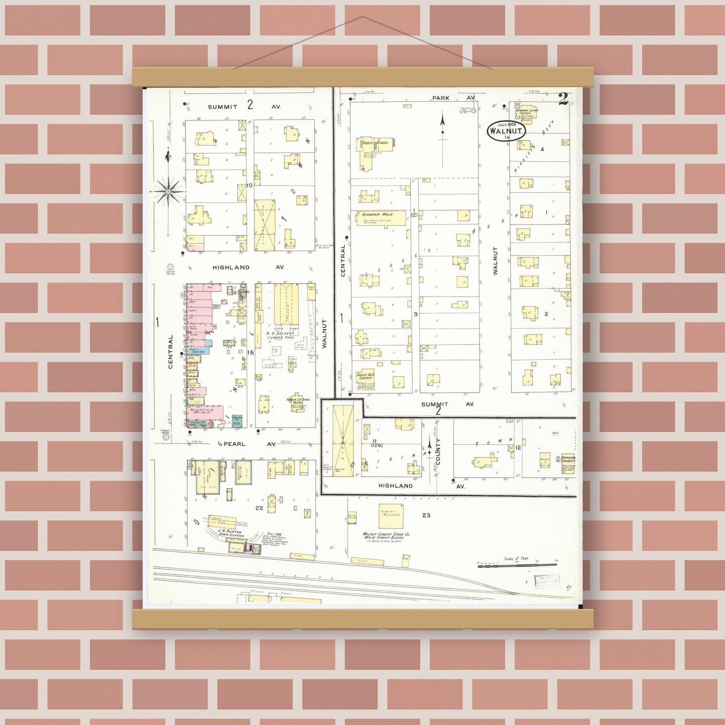 Old map wall art mockup — magnetic wood frame on brick wall — Sanborn Fire Insurance Map from Walnut, Pottawattamie County, Iowa (1909), Sheet #0002