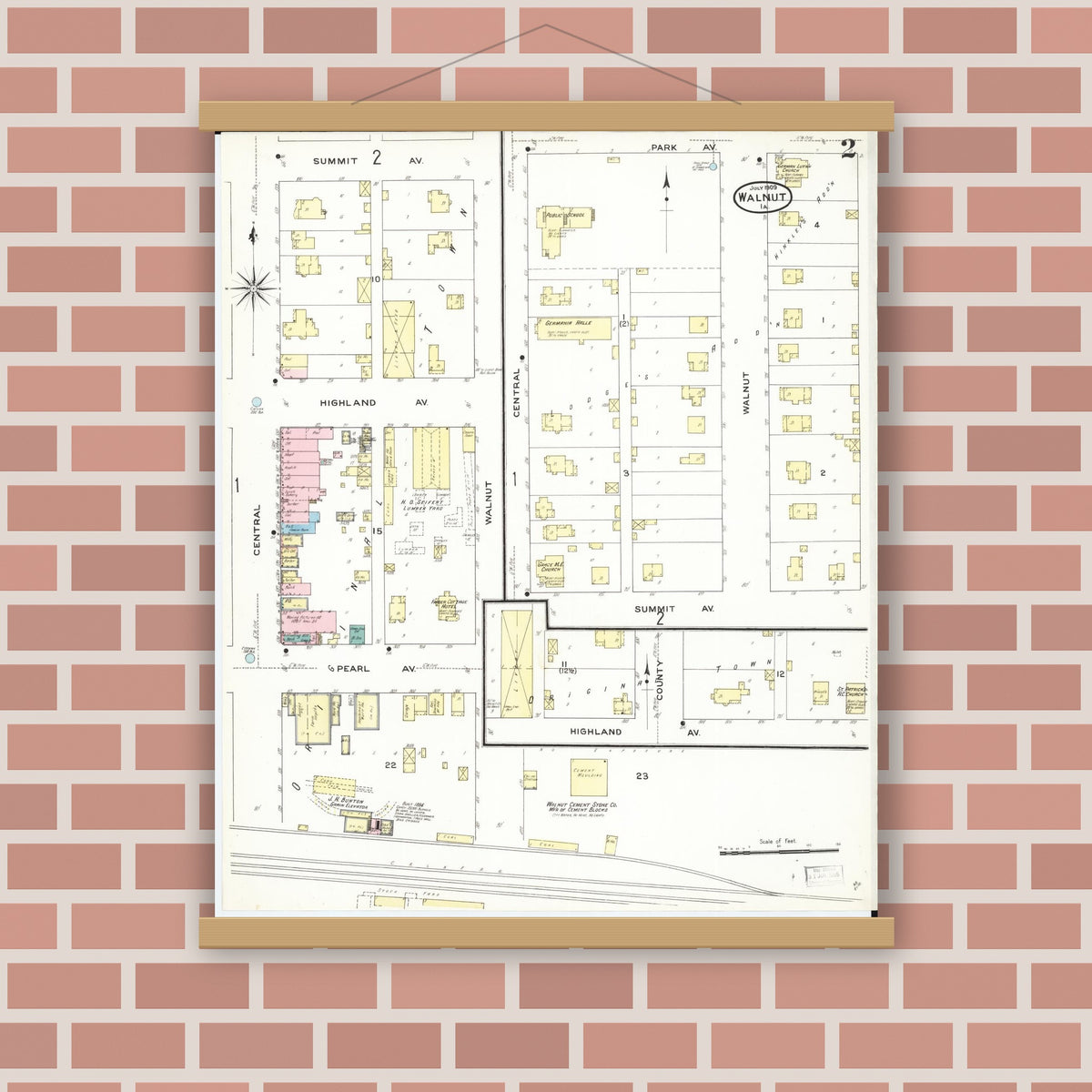 Old map wall art mockup — magnetic wood frame on brick wall — Sanborn Fire Insurance Map from Walnut, Pottawattamie County, Iowa (1909), Sheet #0002
