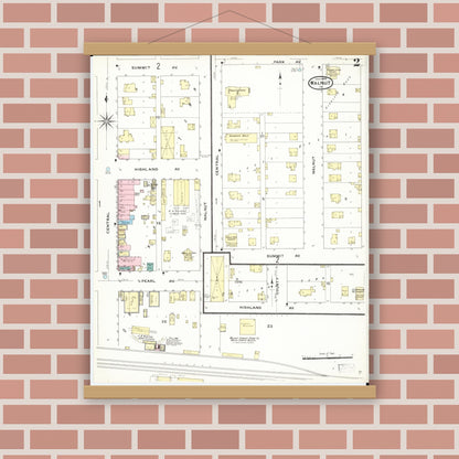 Old map wall art mockup — magnetic wood frame on brick wall — Sanborn Fire Insurance Map from Walnut, Pottawattamie County, Iowa (1909), Sheet #0002