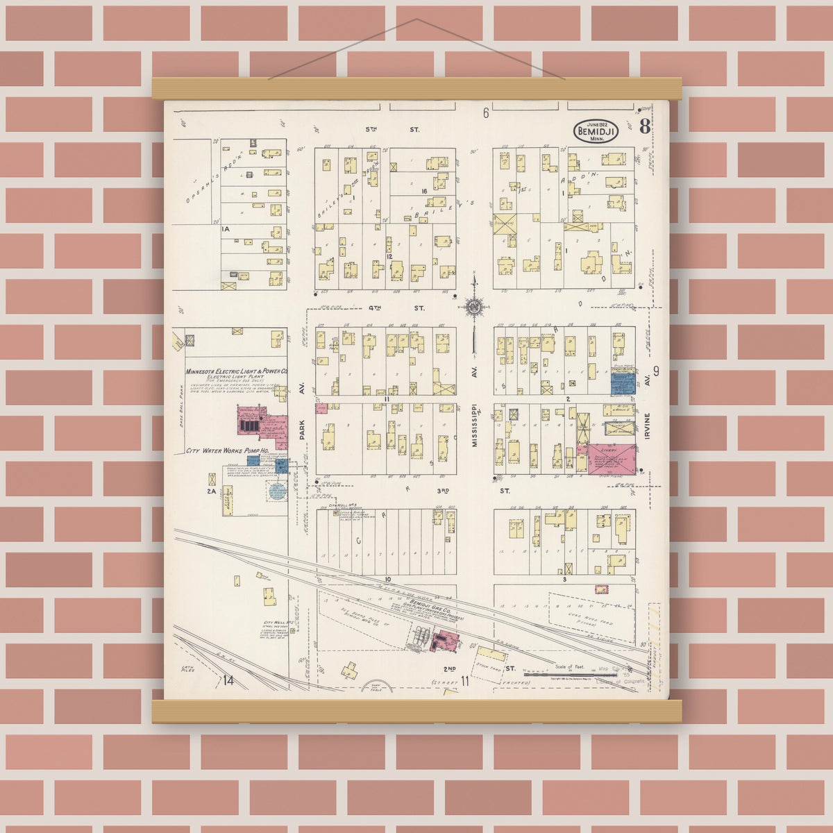 Old map wall art mockup — magnetic wood frame on brick wall — Sanborn Fire Insurance Map from Bemidji, Beltrami County, Minnesota (1922), Sheet #0008