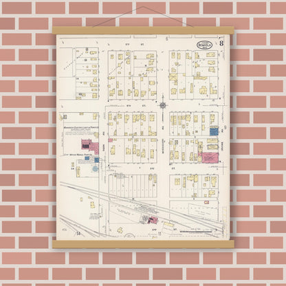 Old map wall art mockup — magnetic wood frame on brick wall — Sanborn Fire Insurance Map from Bemidji, Beltrami County, Minnesota (1922), Sheet #0008
