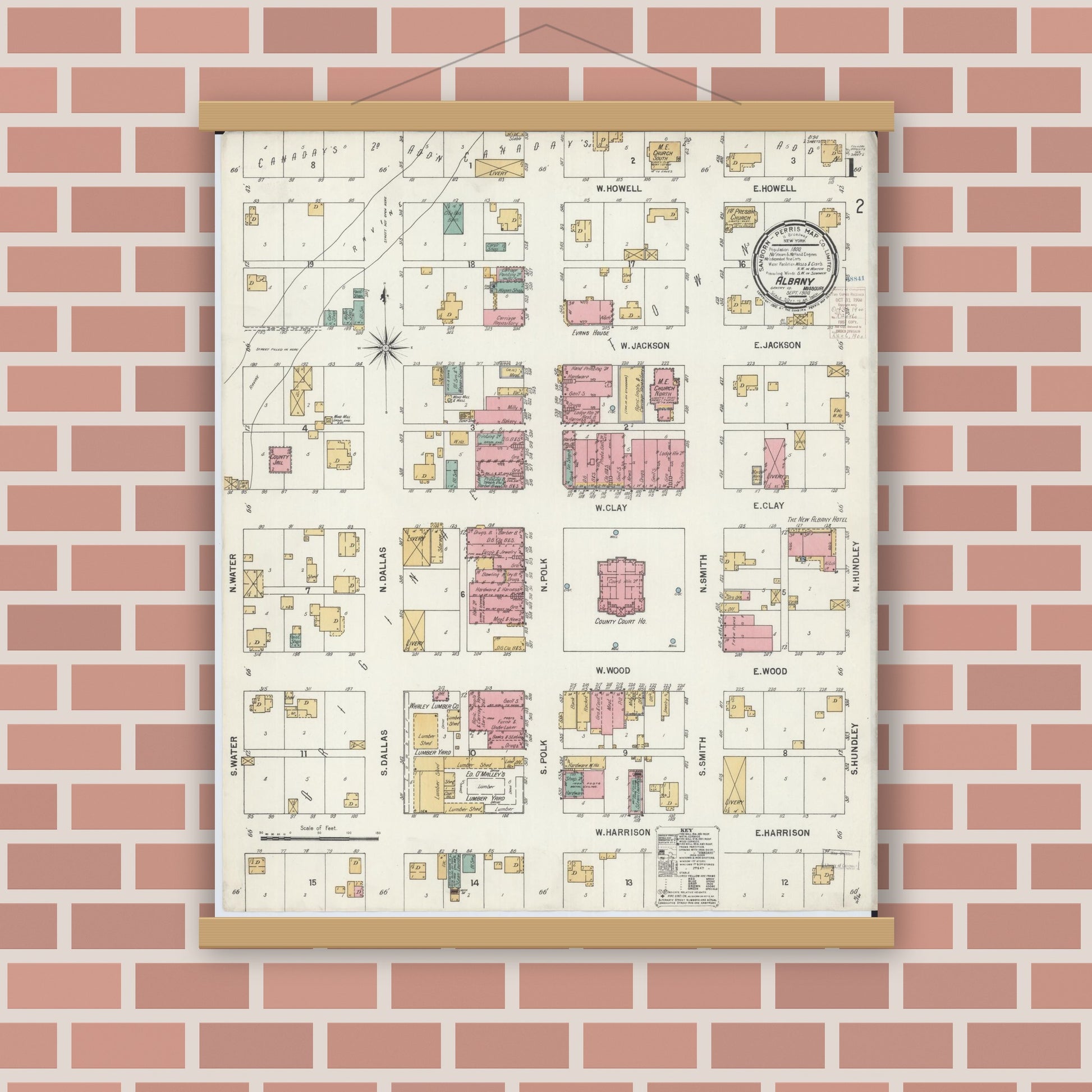 Old map wall art mockup — magnetic wood frame on brick wall — Sanborn Fire Insurance Map from Albany, Gentry County, Missouri (1900) - Complete Map Set