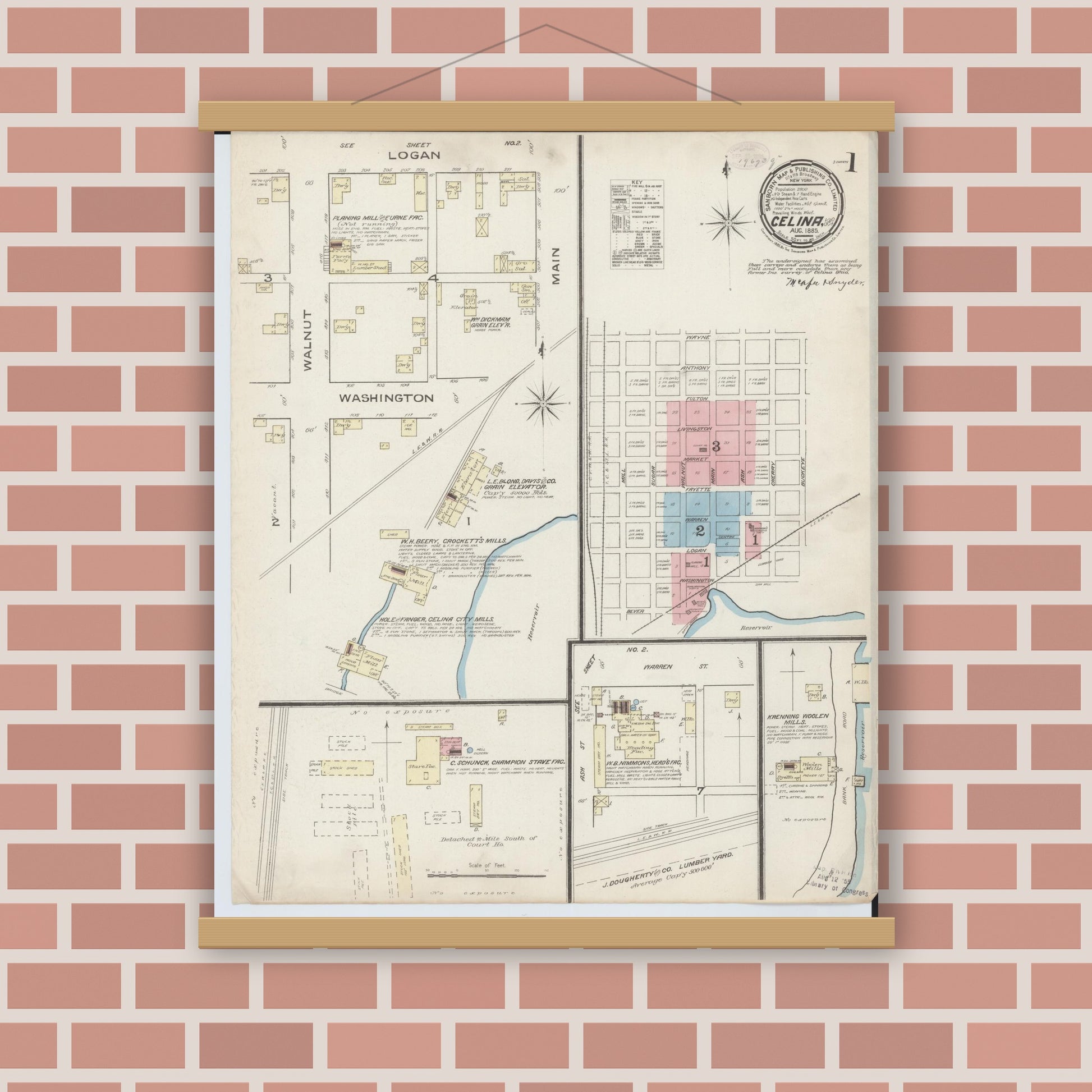Old map wall art mockup — magnetic wood frame on brick wall — Sanborn Fire Insurance Map from Celina, Mercer County, Ohio (1885), Sheet #0001