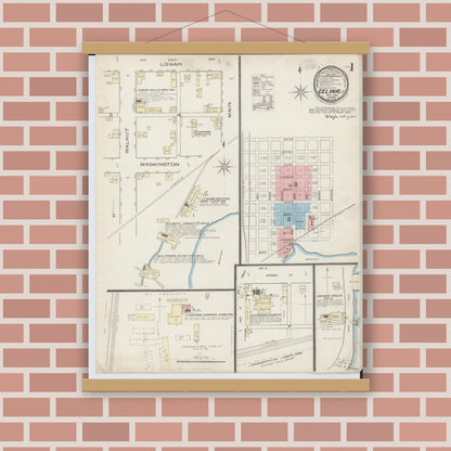 Old map wall art mockup — magnetic wood frame on brick wall — Sanborn Fire Insurance Map from Celina, Mercer County, Ohio (1885), Sheet #0001