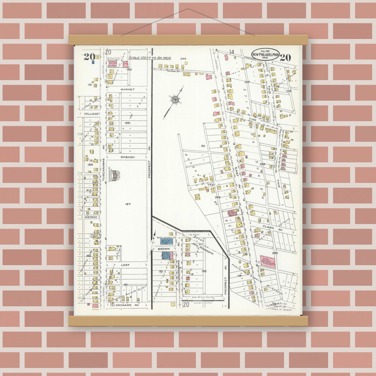 Old map wall art mockup — magnetic wood frame on brick wall — Sanborn Fire Insurance Map from New Philadelphia, Tuscarawas County, Ohio (1926), Sheet #0020