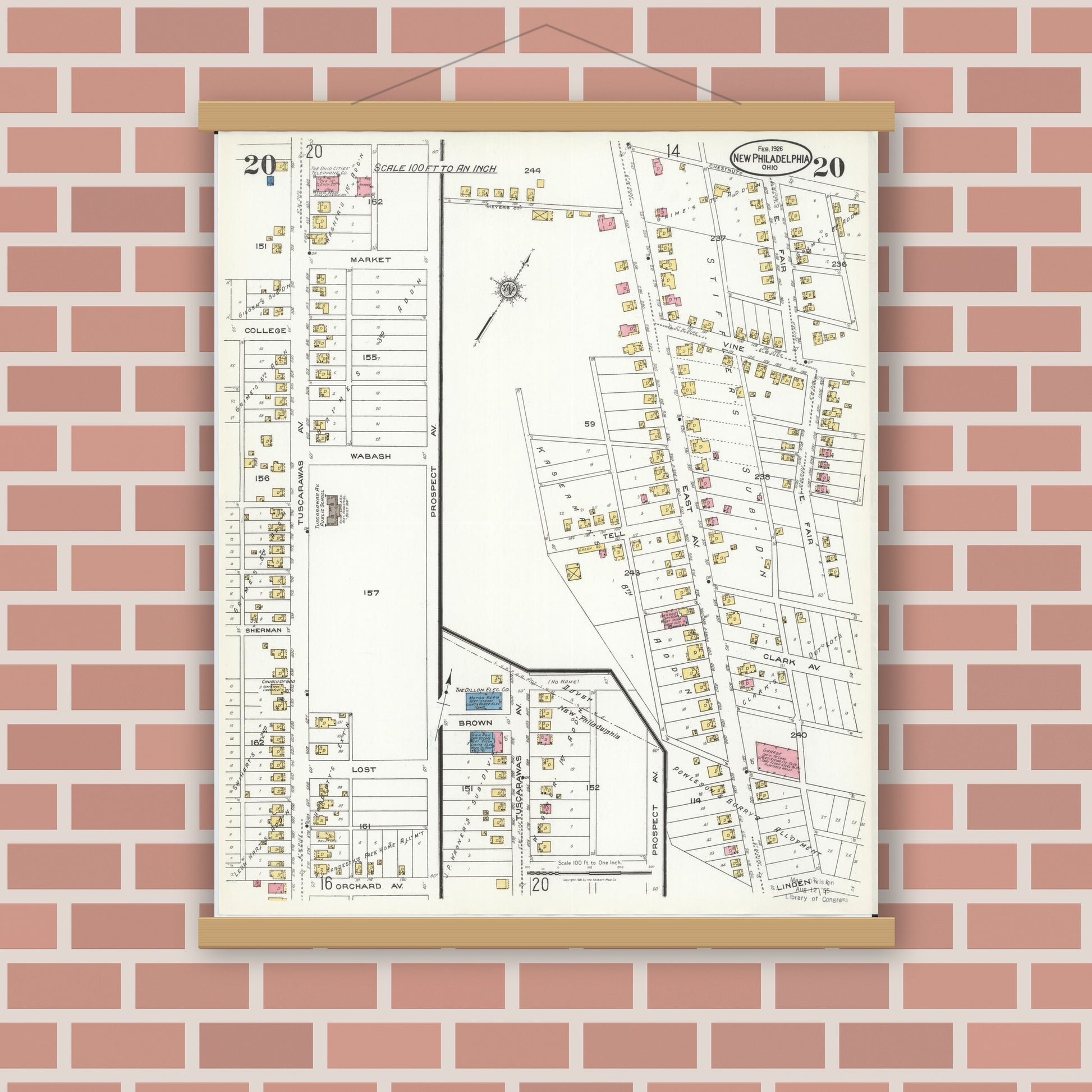 Old map wall art mockup — magnetic wood frame on brick wall — Sanborn Fire Insurance Map from New Philadelphia, Tuscarawas County, Ohio (1926), Sheet #0020