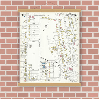 Old map wall art mockup — magnetic wood frame on brick wall — Sanborn Fire Insurance Map from New Philadelphia, Tuscarawas County, Ohio (1926), Sheet #0020