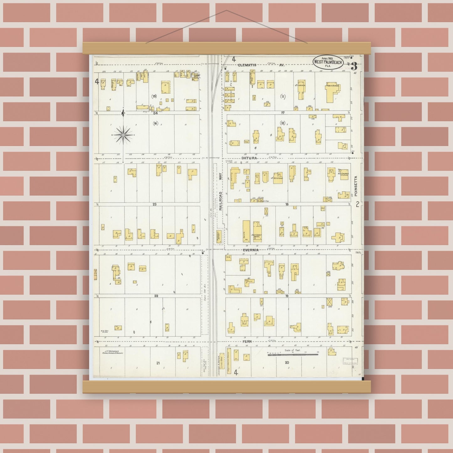 Old map wall art mockup — magnetic wood frame on brick wall — Sanborn Fire Insurance Map from West Palm Beach, Dade County, Florida (1903), Sheet #0003