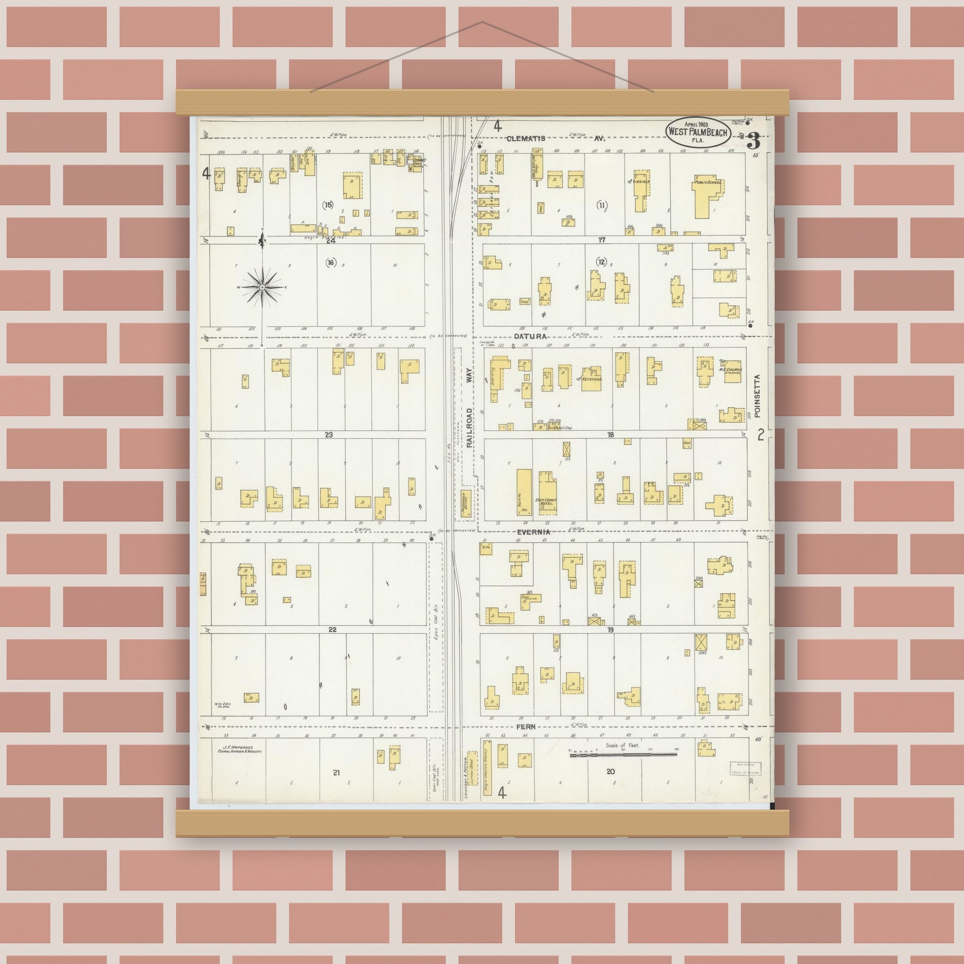 Old map wall art mockup — magnetic wood frame on brick wall — Sanborn Fire Insurance Map from West Palm Beach, Dade County, Florida (1903), Sheet #0003