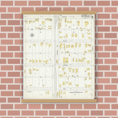 Old map wall art mockup — magnetic wood frame on brick wall — Sanborn Fire Insurance Map from West Palm Beach, Dade County, Florida (1903), Sheet #0003