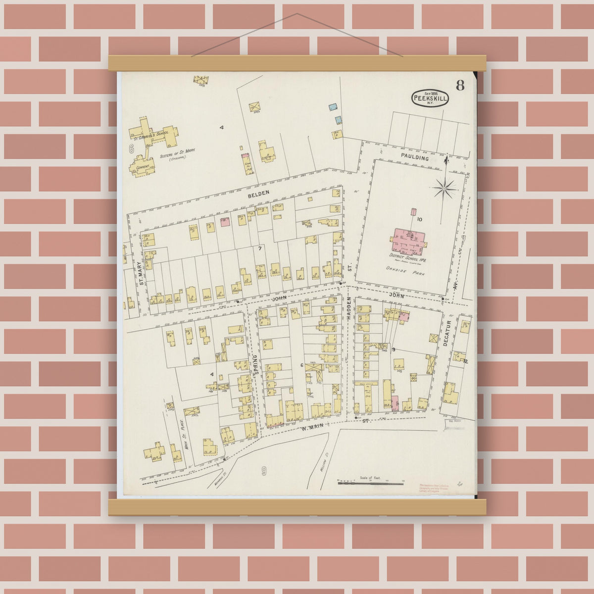 Old map wall art mockup — magnetic wood frame on brick wall — Sanborn Fire Insurance Map from Peekskill, Westchester County, New York (1895), Sheet #0008