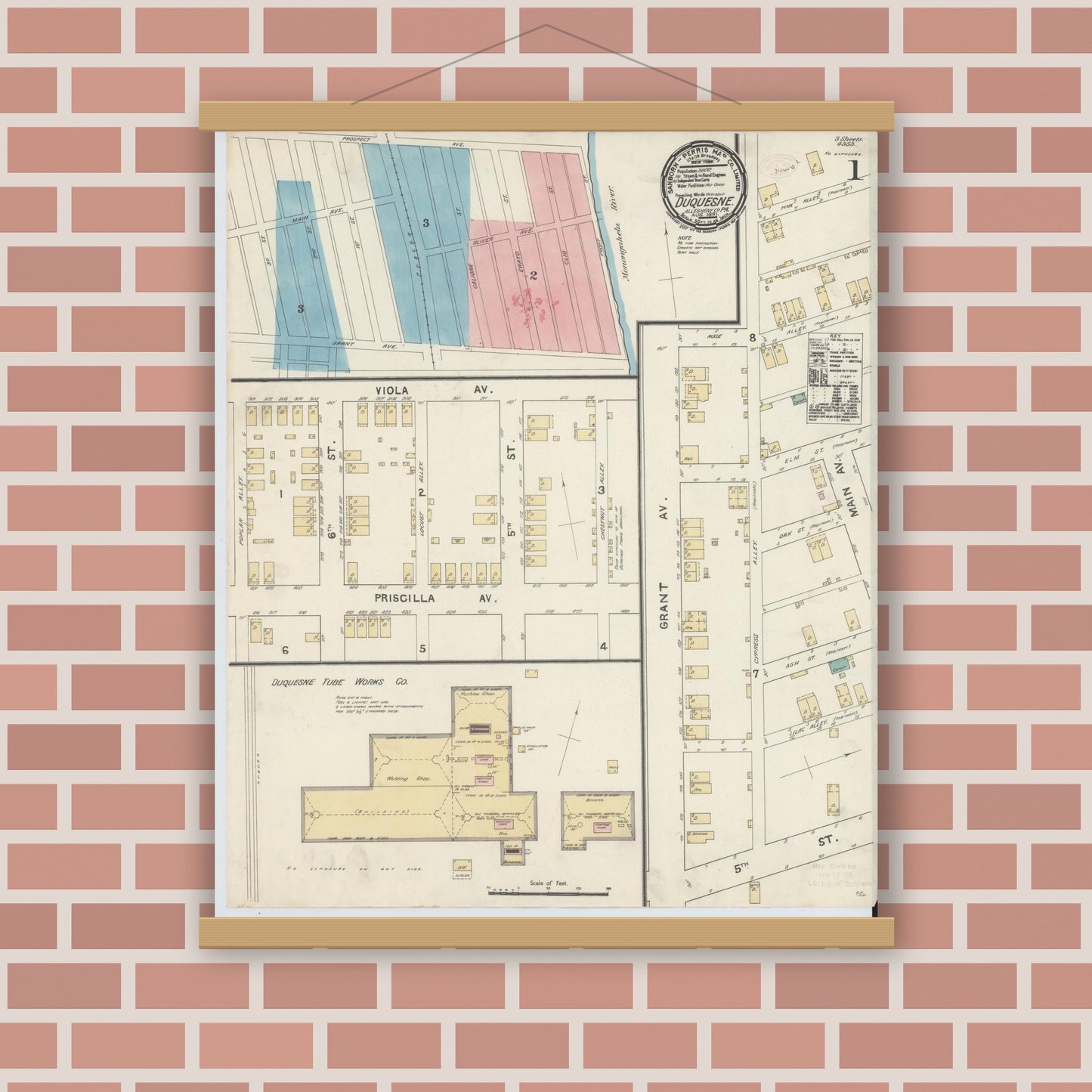 Old map wall art mockup — magnetic wood frame on brick wall — Sanborn Fire Insurance Map from Duquesne, Allegheny County, Pennsylvania (1891), Sheet #0001