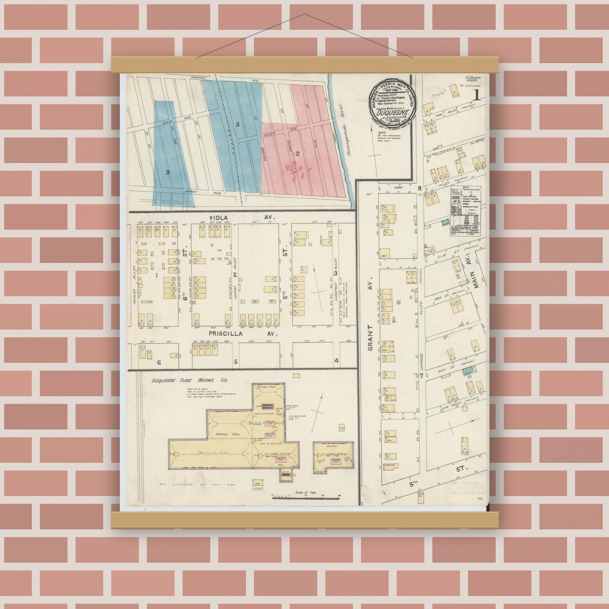Old map wall art mockup — magnetic wood frame on brick wall — Sanborn Fire Insurance Map from Duquesne, Allegheny County, Pennsylvania (1891), Sheet #0001