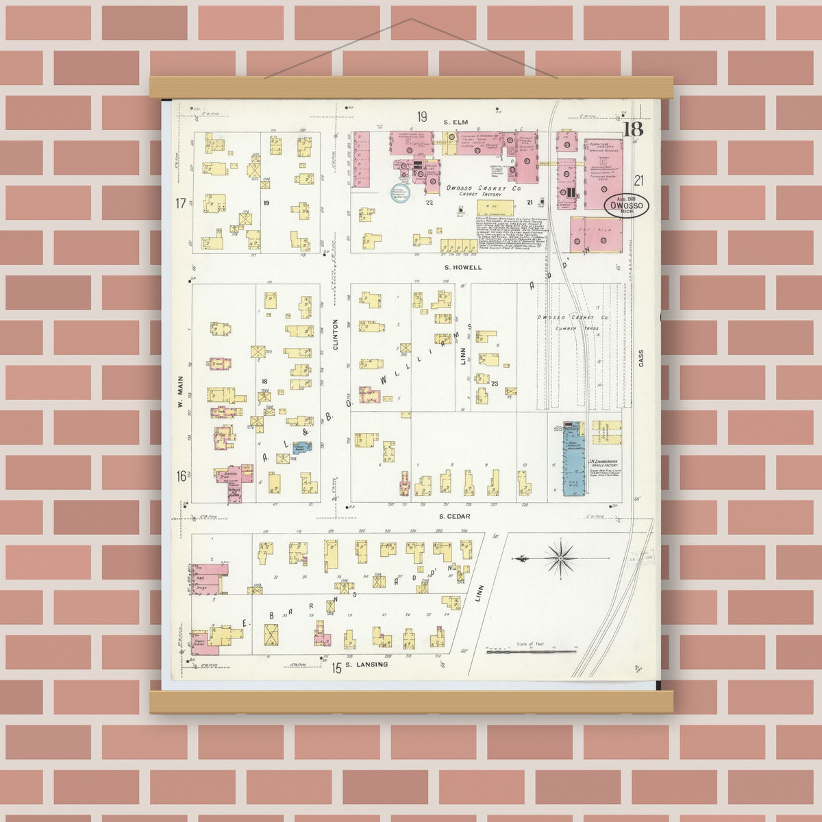 Old map wall art mockup — magnetic wood frame on brick wall — Sanborn Fire Insurance Map from Owosso, Shiawassee County, Michigan (1908), Sheet #0018