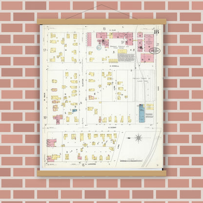 Old map wall art mockup — magnetic wood frame on brick wall — Sanborn Fire Insurance Map from Owosso, Shiawassee County, Michigan (1908), Sheet #0018