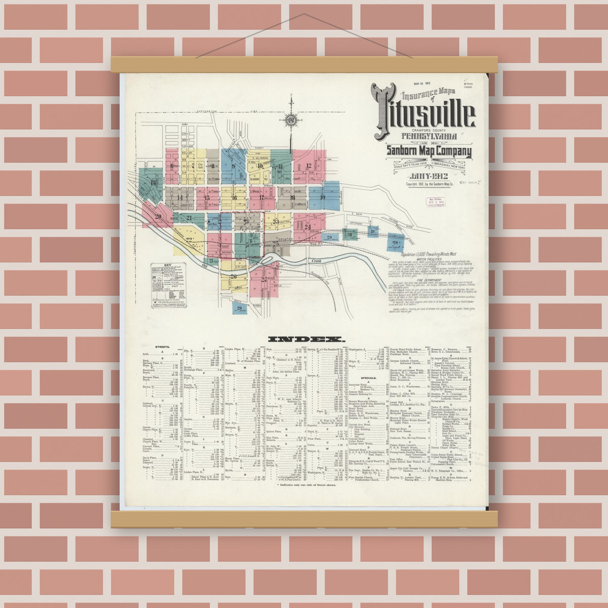 Old map wall art mockup — magnetic wood frame on brick wall — Sanborn Fire Insurance Map from Titusville, Crawford County, Pennsylvania (1912), Sheet #0001
