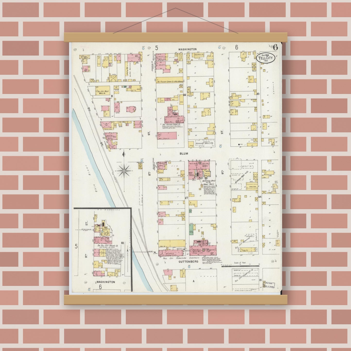 Old map wall art mockup — magnetic wood frame on brick wall — Sanborn Fire Insurance Map from Tell City, Perry County, Indiana (1898), Sheet #0006