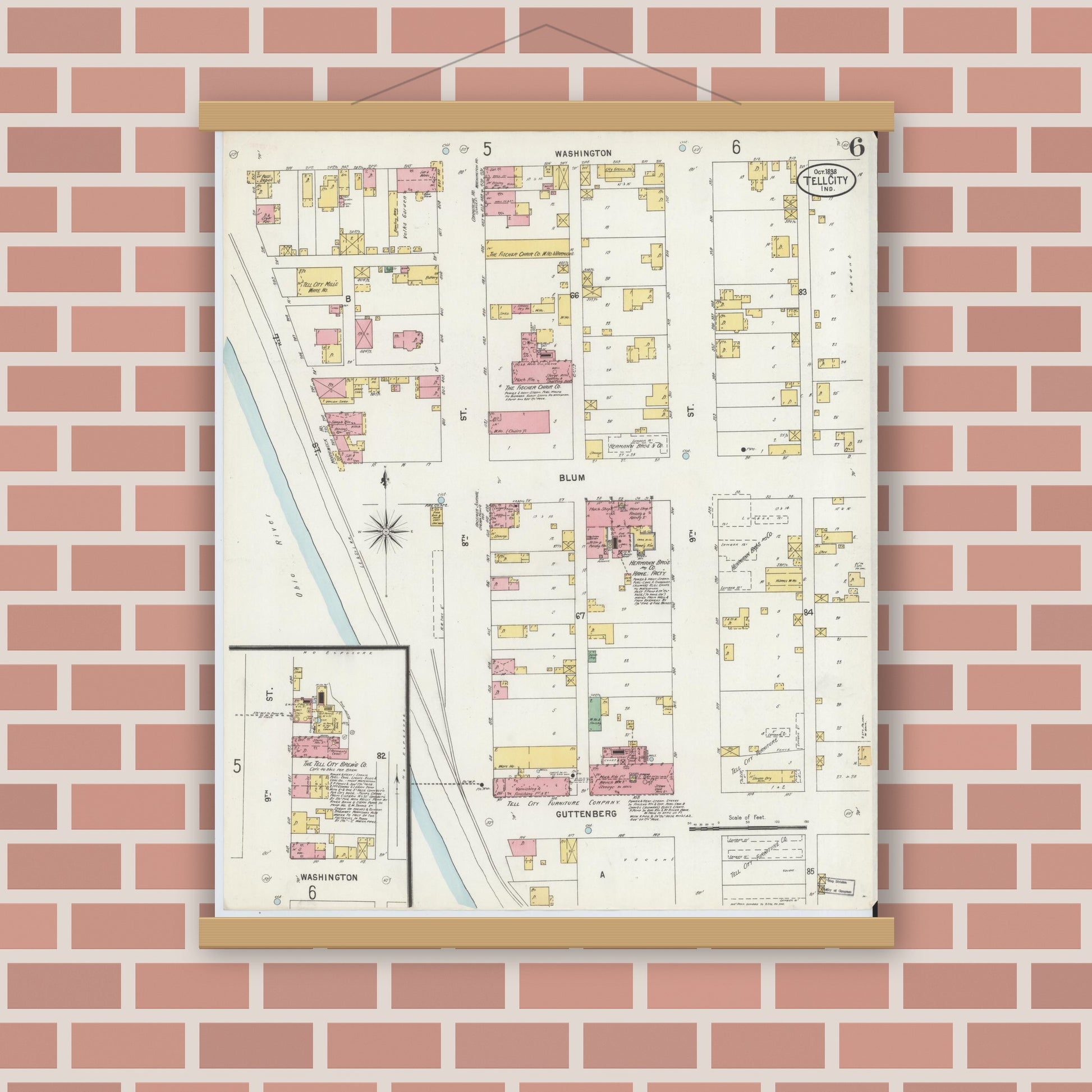 Old map wall art mockup — magnetic wood frame on brick wall — Sanborn Fire Insurance Map from Tell City, Perry County, Indiana (1898), Sheet #0006