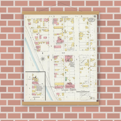 Old map wall art mockup — magnetic wood frame on brick wall — Sanborn Fire Insurance Map from Tell City, Perry County, Indiana (1898), Sheet #0006