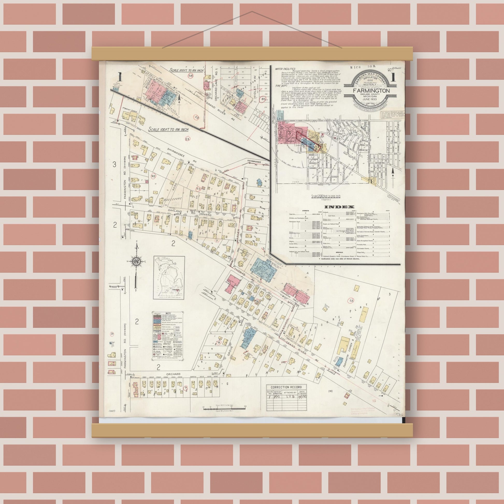 Old map wall art mockup — magnetic wood frame on brick wall — Sanborn Fire Insurance Map from Farmington, Oakland County, Michigan (1943) - Complete Map Set