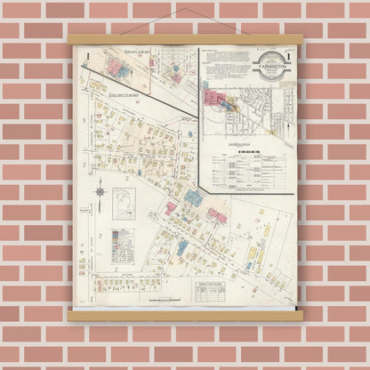 Old map wall art mockup — magnetic wood frame on brick wall — Sanborn Fire Insurance Map from Farmington, Oakland County, Michigan (1943) - Complete Map Set