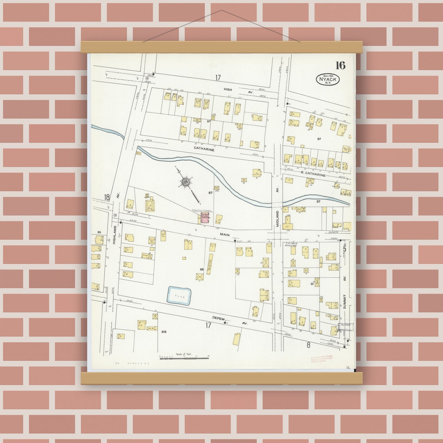 Old map wall art mockup — magnetic wood frame on brick wall — Sanborn Fire Insurance Map from Nyack, Rockland County, New York. (1910), Sheet #0016