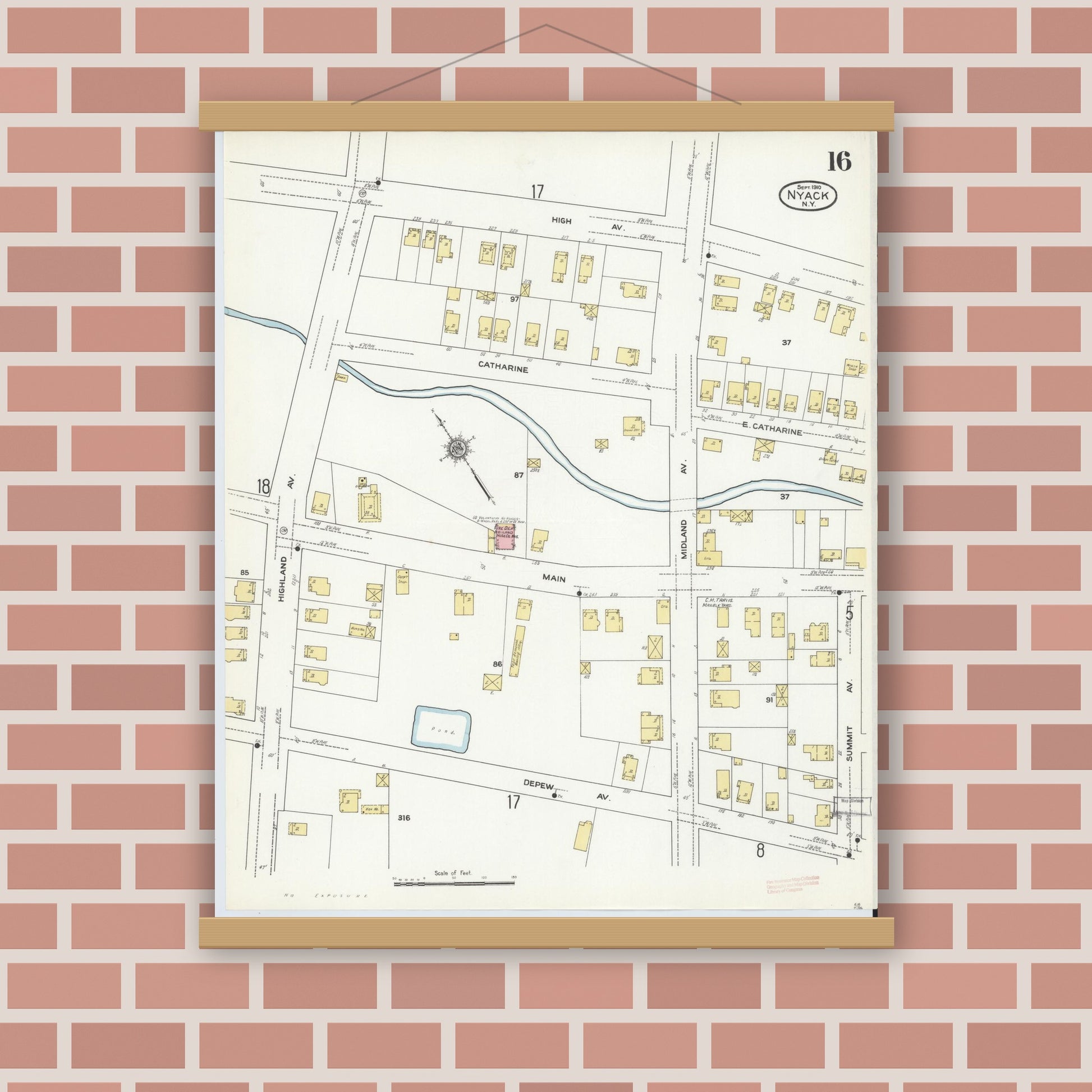 Old map wall art mockup — magnetic wood frame on brick wall — Sanborn Fire Insurance Map from Nyack, Rockland County, New York. (1910), Sheet #0016