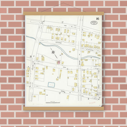 Old map wall art mockup — magnetic wood frame on brick wall — Sanborn Fire Insurance Map from Nyack, Rockland County, New York. (1910), Sheet #0016