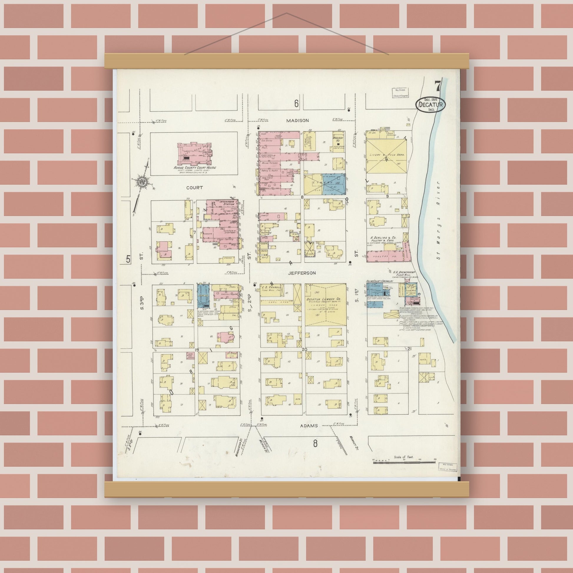 Old map wall art mockup — magnetic wood frame on brick wall — Sanborn Fire Insurance Map from Decatur, Adams County, Indiana (1914), Sheet #0007