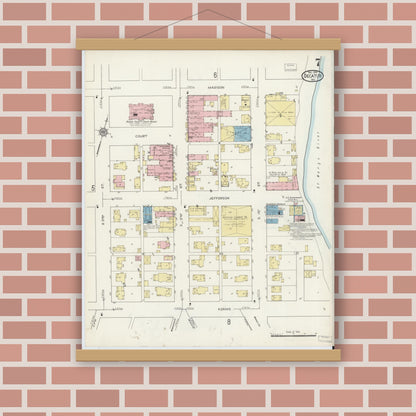 Old map wall art mockup — magnetic wood frame on brick wall — Sanborn Fire Insurance Map from Decatur, Adams County, Indiana (1914), Sheet #0007